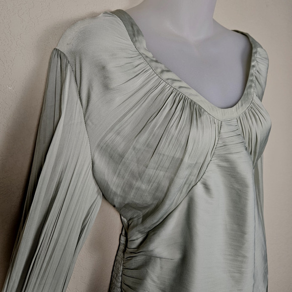Anthropologie Smocked Blouson Sleeve Blouse Sage Green Open Back Satin Party L - Picture 7 of 16